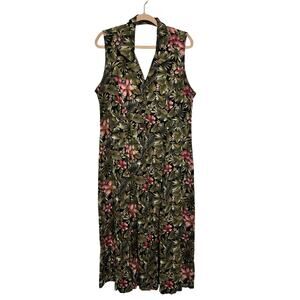Vintage Erika Size XL 1990s Pink Green Hibiscus Flowers Button Up Maxi Dress